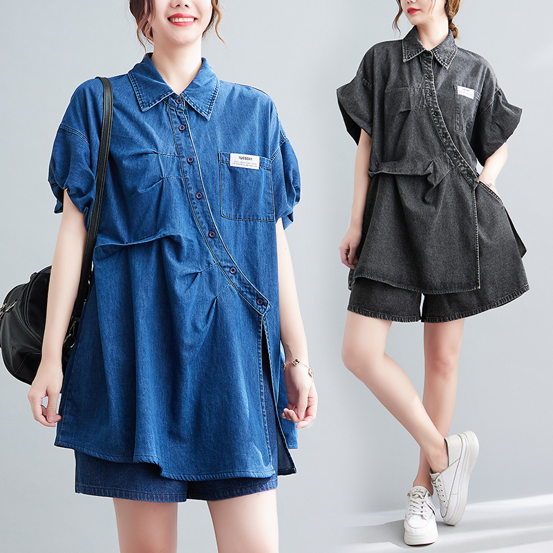 Jeans - Summer Denim Two-piece Set Turn-down Collar