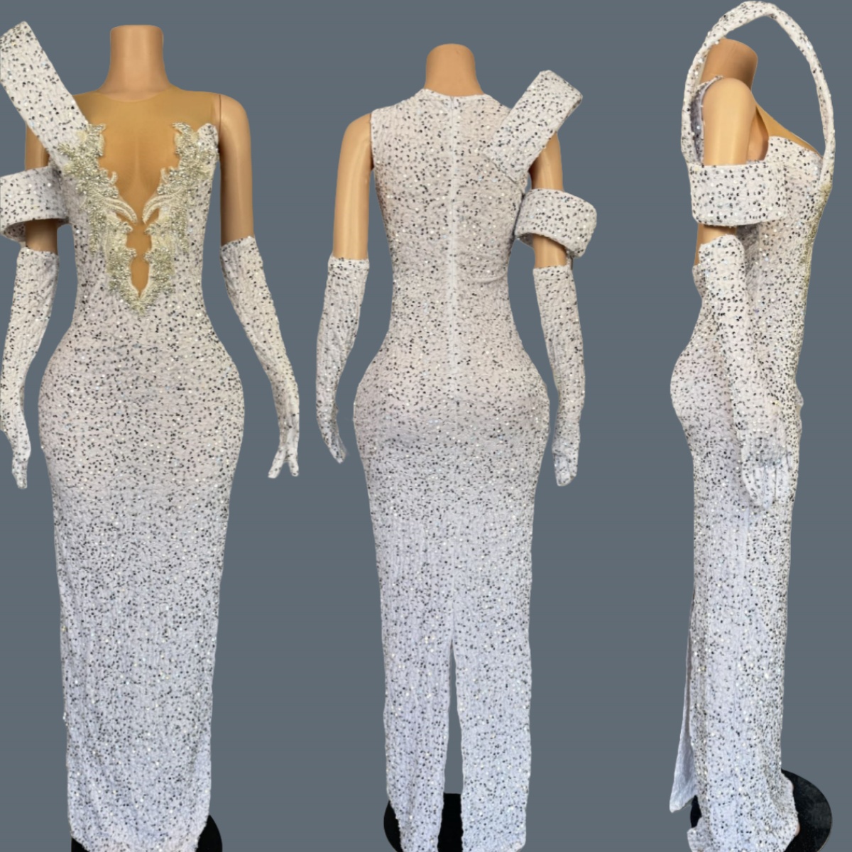 Sparkly Rhinestone Club Party Dress - Sparkly Rhinestone Deep V Neck Long