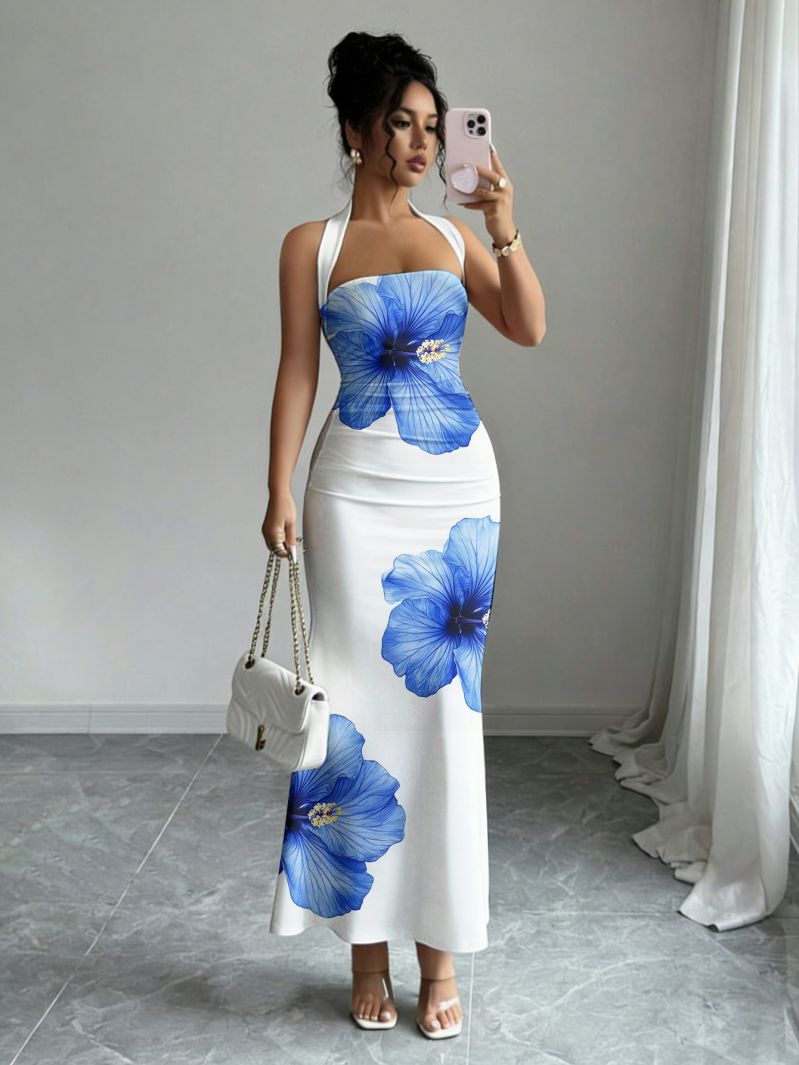 French Vintage Floral Midi Dress - Slim Fit Hanging Neck Strapless Long