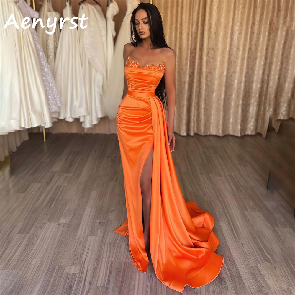 Elegant Satin Evening Gown Split - Aenyrst Elegant Strapless Mermaid Evening Dresses