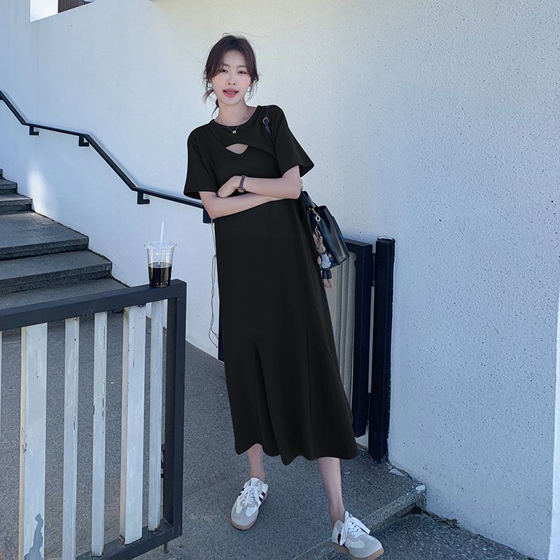 Lazy Style Hollow Out Solid Si - Korean Style A Line Shirt Dress recension och pris