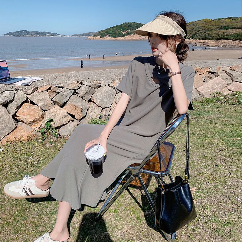 Lazy Style Hollow Out Solid Si - Korean Style A Line Shirt Dress recension och pris