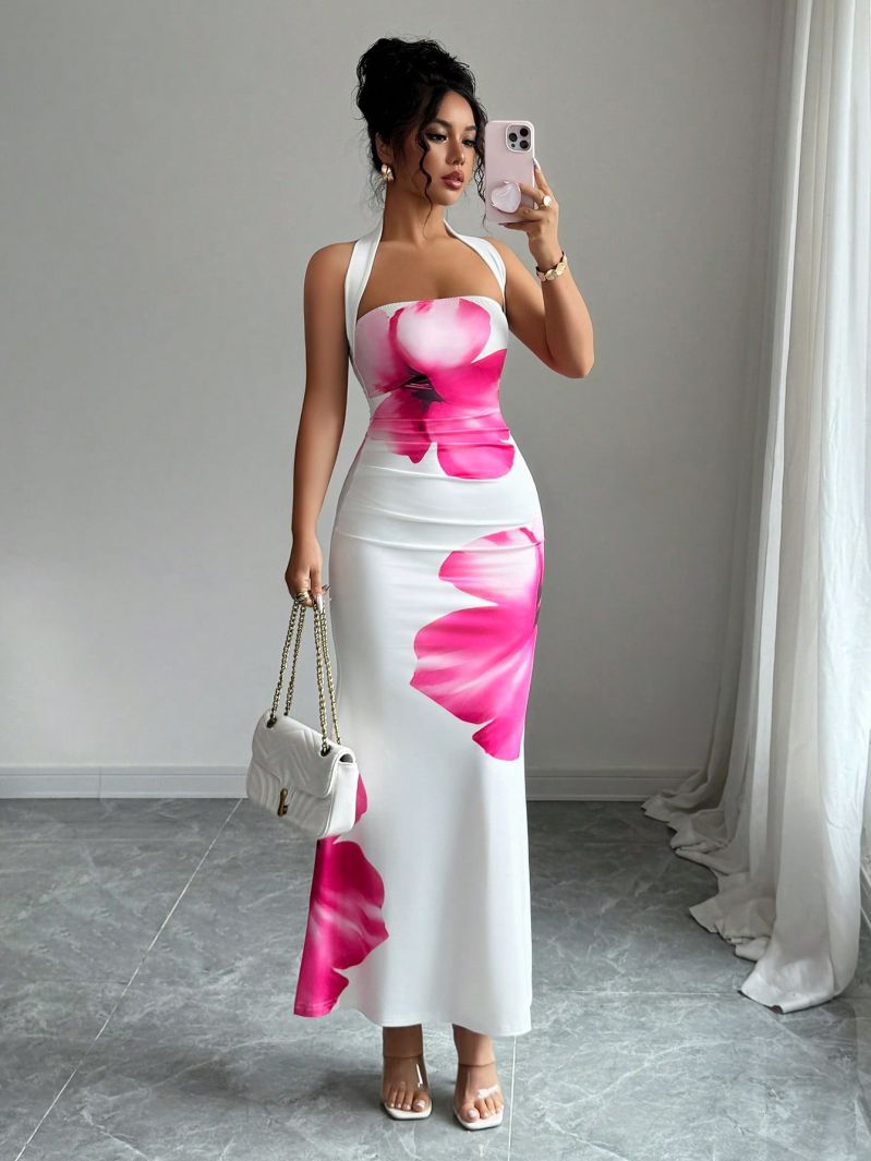 Slim Fit Hanging Neck Straples - French Vintage Floral Midi Dress recension och pris