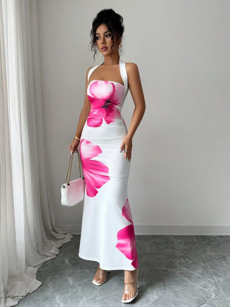Slim Fit Hanging Neck Straples - French Vintage Floral Midi Dress recension och pris