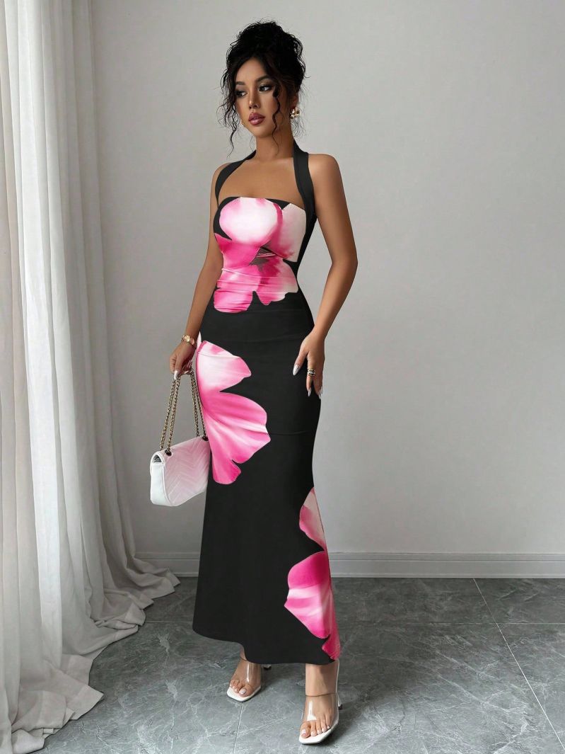 Slim Fit Hanging Neck Straples - French Vintage Floral Midi Dress recension och pris