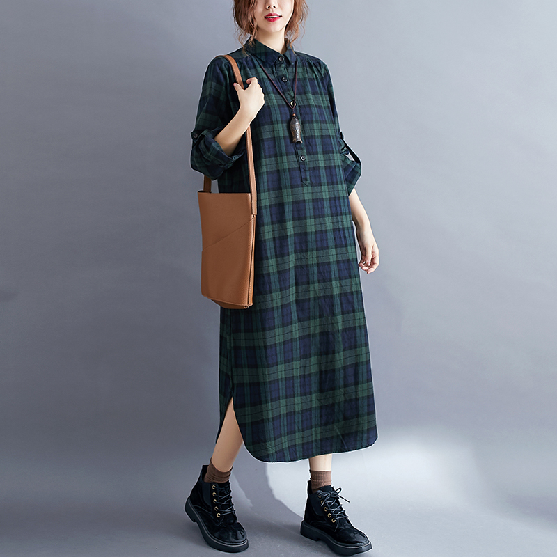 Casual Plaid Long Sleeve Shirt - Korean Style A Line Shirt Dress recension och pris