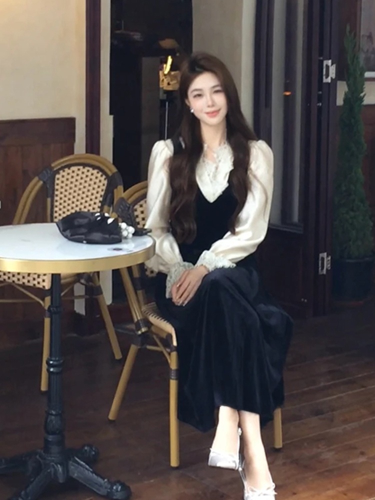 XZY Chic Lace Patchwork Silk S - Korean Style A Line Shirt Dress recension och pris