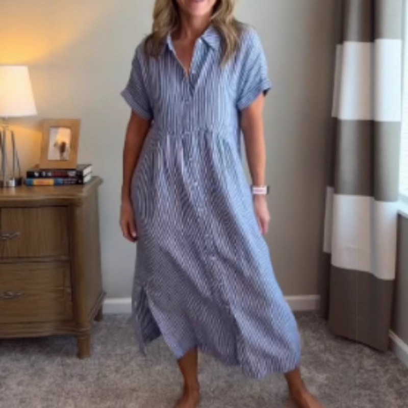 Women Striped Shirt Dress Summ - Casual Loose Linen Shirt Dress recension och pris