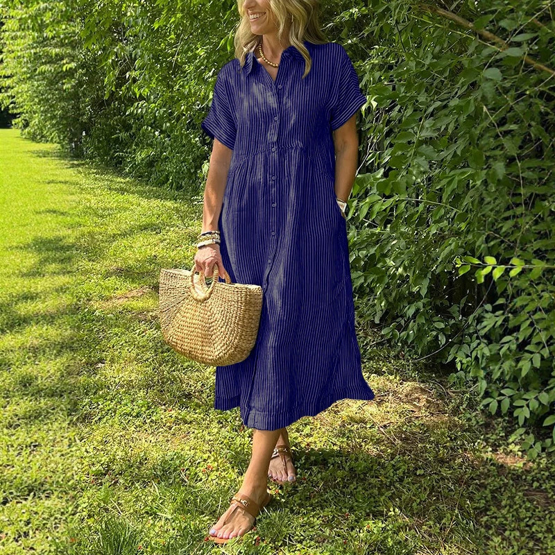 Women Striped Shirt Dress Summ - Casual Loose Linen Shirt Dress recension och pris