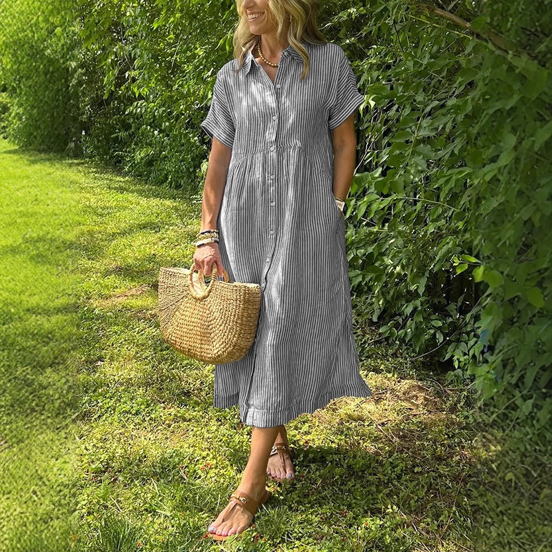 Women Striped Shirt Dress Summ - Casual Loose Linen Shirt Dress recension och pris